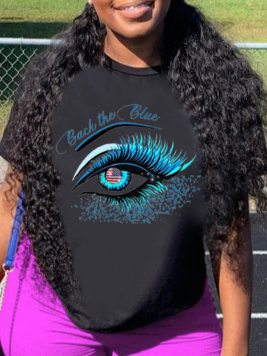 

Lovely Plus Size Casual Eye Letter Print Black T-shirt