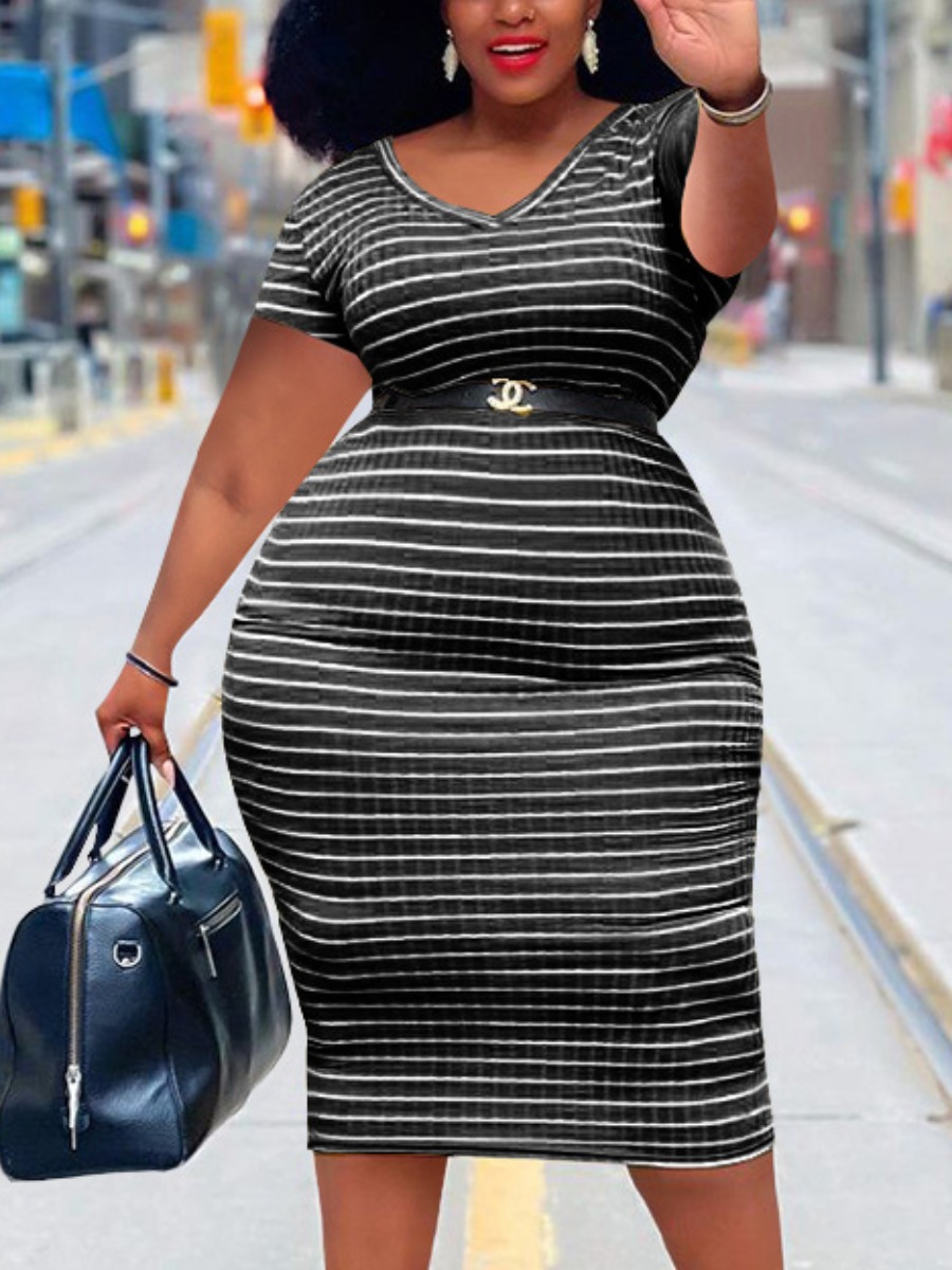 

Lovely Plus Size Casual V Neck Striped Black Mid Calf Dress (Without Belt)