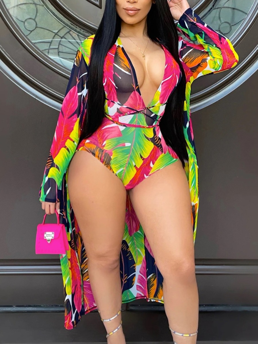 

Lovely Plus Size Boho V Neck Floral Print Multicolor Two-piece Shorts Set, Multi