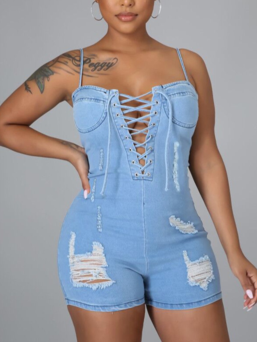 

Lovely Sexy Ripped Bandage Design Baby Blue One-piece Denim Jumpsuit