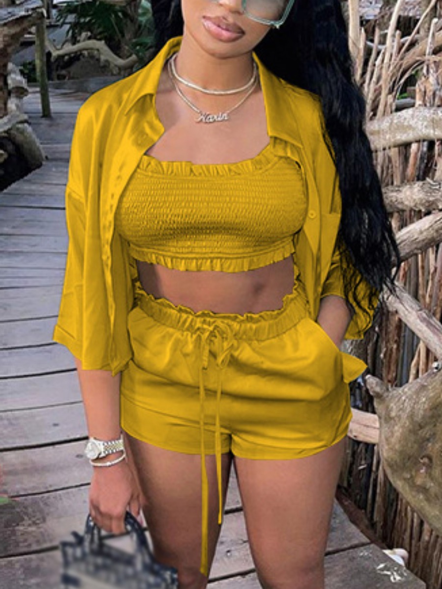 

Lovely Street Turndown Collar Drawstring Yellow Three Piece Shorts Set