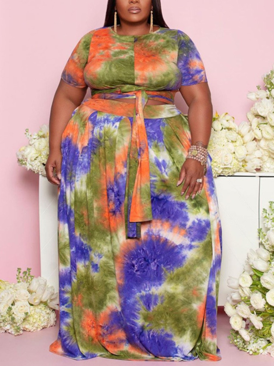 

Lovely Plus Size Boho O Neck Tie-dye Multicolor Two-piece Skirt Set, Multi