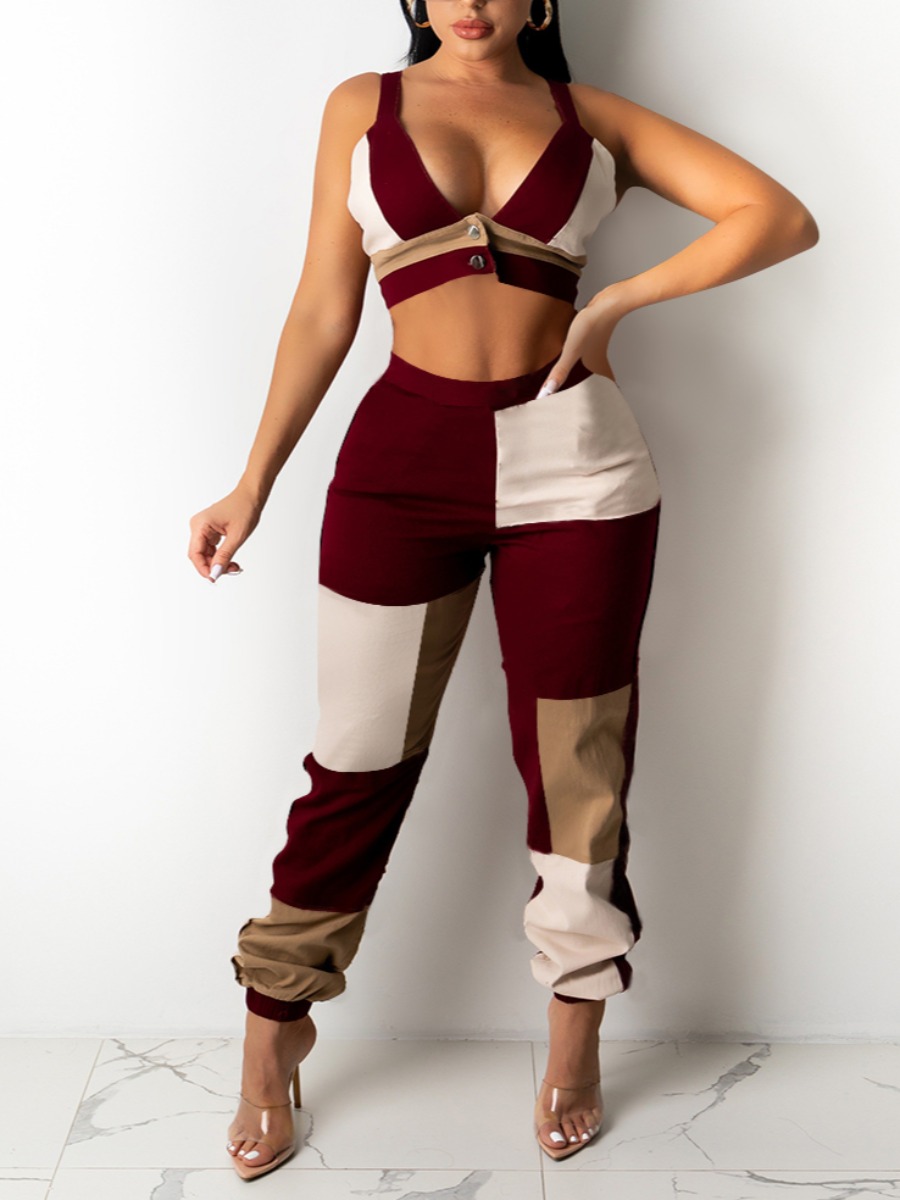 

LW Street Color-lump Button Design Dull Red Two Piece Pants Set
