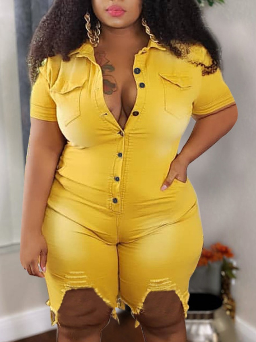 

LW Plus Size High Stretchy Ripped Button Design Denim Romper, Yellow