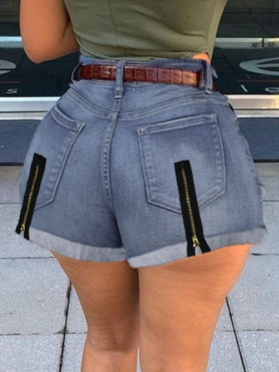 

Lovely Casual High-waisted Zipper Design Blue Denim Shorts