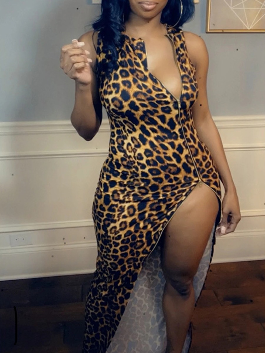 

Lovely Sexy Leopard Print Zipper Design Ankle Length Dress
