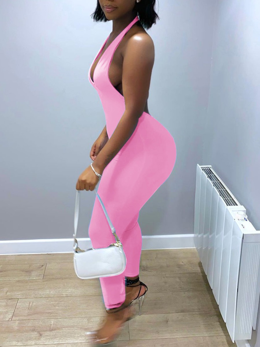 

Lovely Sweet V Neck Backless Pink One-piece Jumpsuit