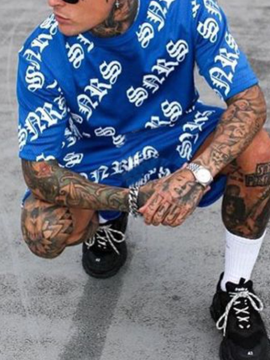 

Lovely Men Street Letter Print Drawstring Blue Two Piece Shorts Set