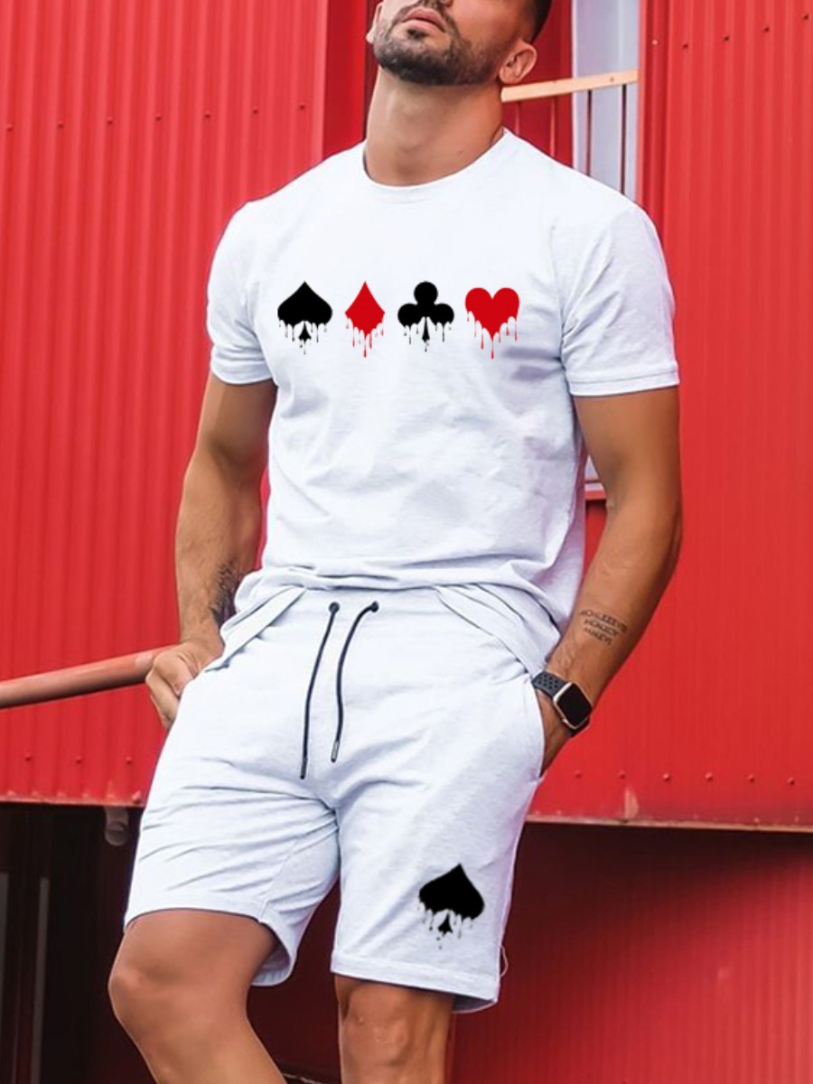 

Lovely Men Casual Heart-shaped Print Drawstring White Two Piece Shorts Set