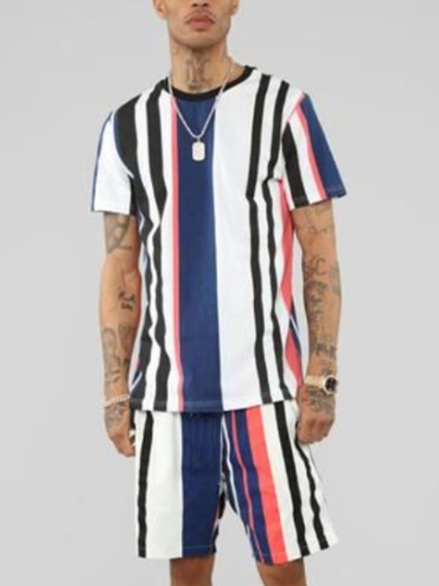 

Lovely Men Casual O Neck Striped White Two Piece Shorts Set