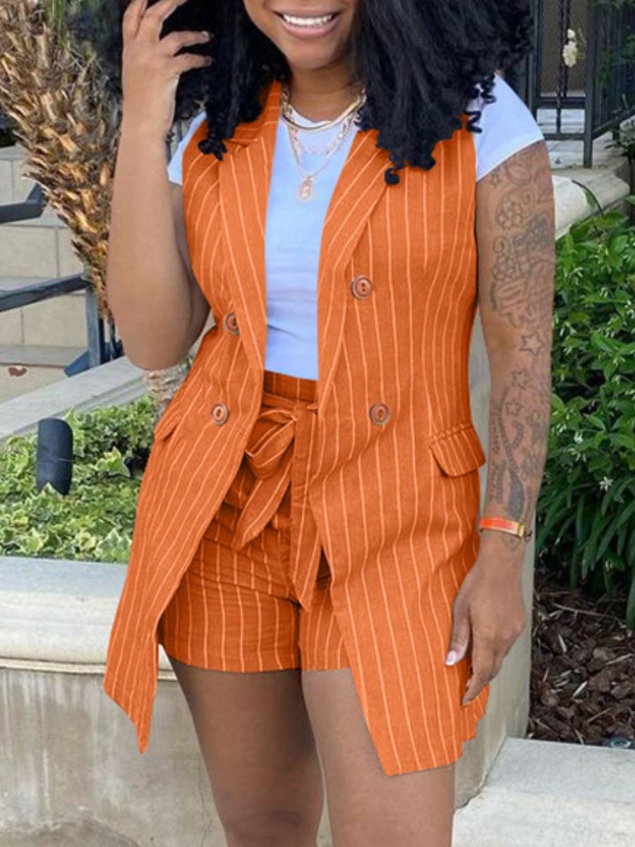 

Lovely Casual Button Design Striped Croci Two Piece Shorts Set