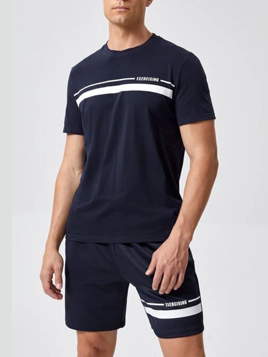 

Lovely Men Casual Letter Print Striped Deep Blue Two Piece Shorts Set