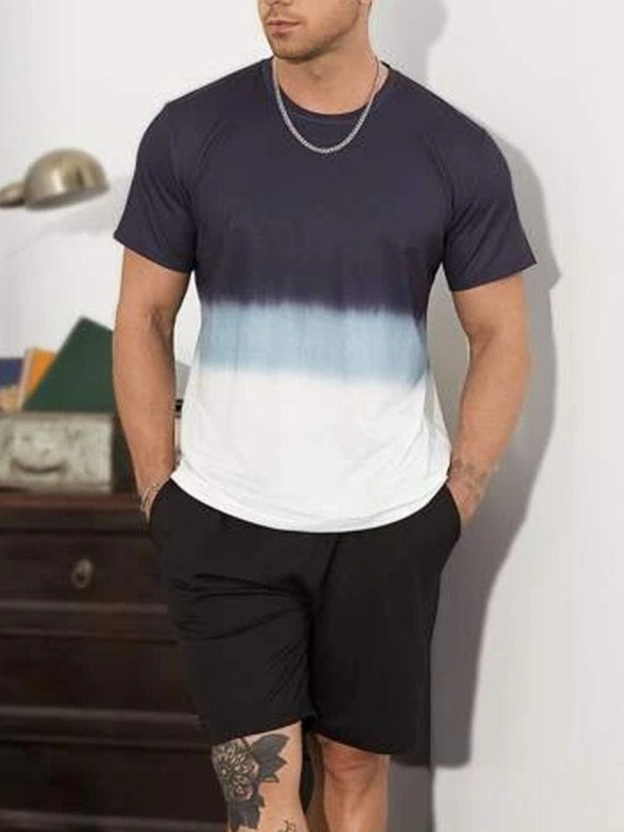

Lovely Men Casual O Neck Gradient White Two Piece Shorts Set