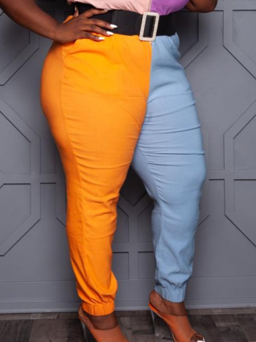 

LW Plus Size Casual Mid Waist Color-lump Croci Pants (Without Pants), Orange yellow