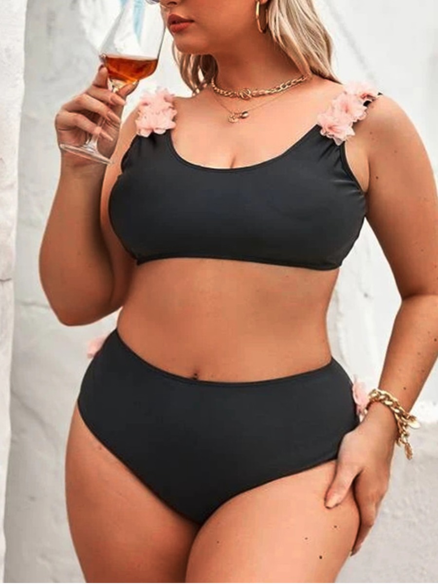 

Lovely Plus Size Boho U Neck Floral Decoration Black Tankini