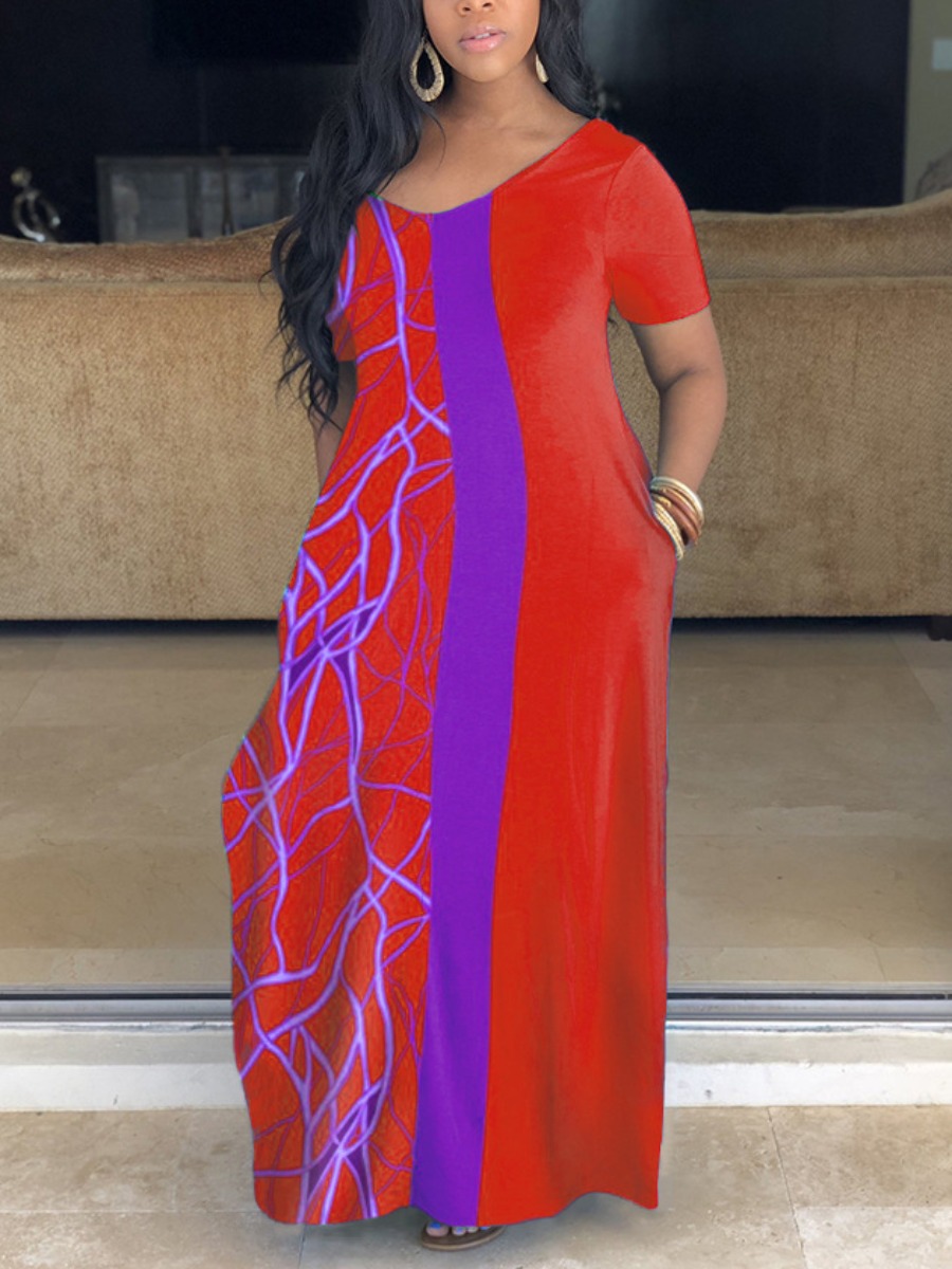 

Lovely Plus Size Casual V Neck Print Red Floor Length A Line Dress