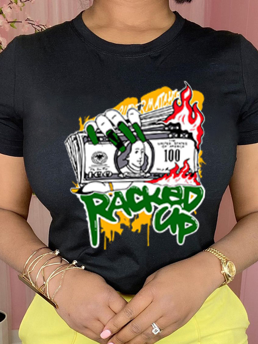 Lovely Casual Flame Letter Print Black T-shirt