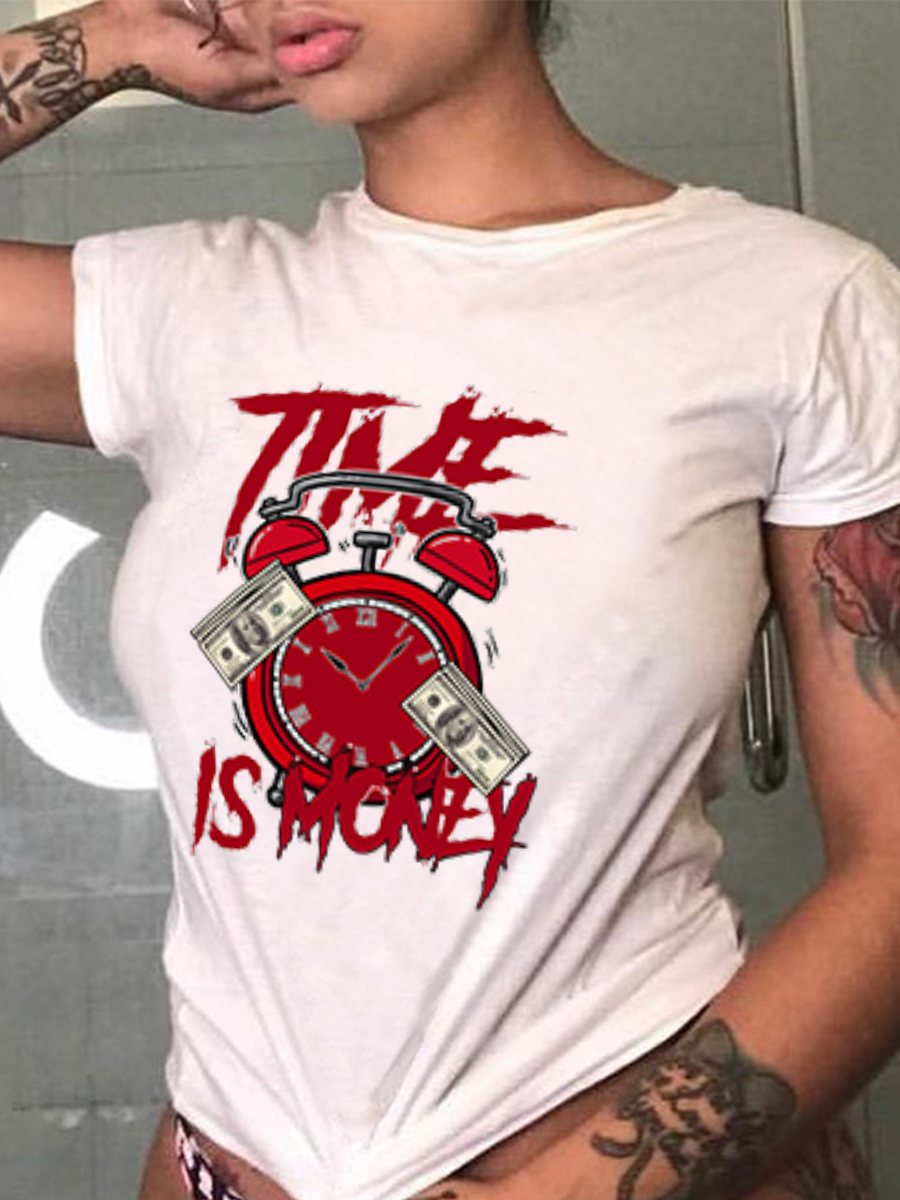 

Lovely Casual Clock Letter Print White T-shirt
