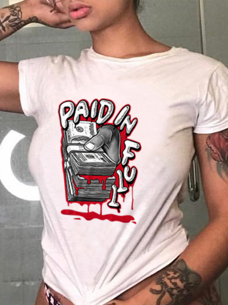 

Lovely Casual Money Letter Print White T-shirt