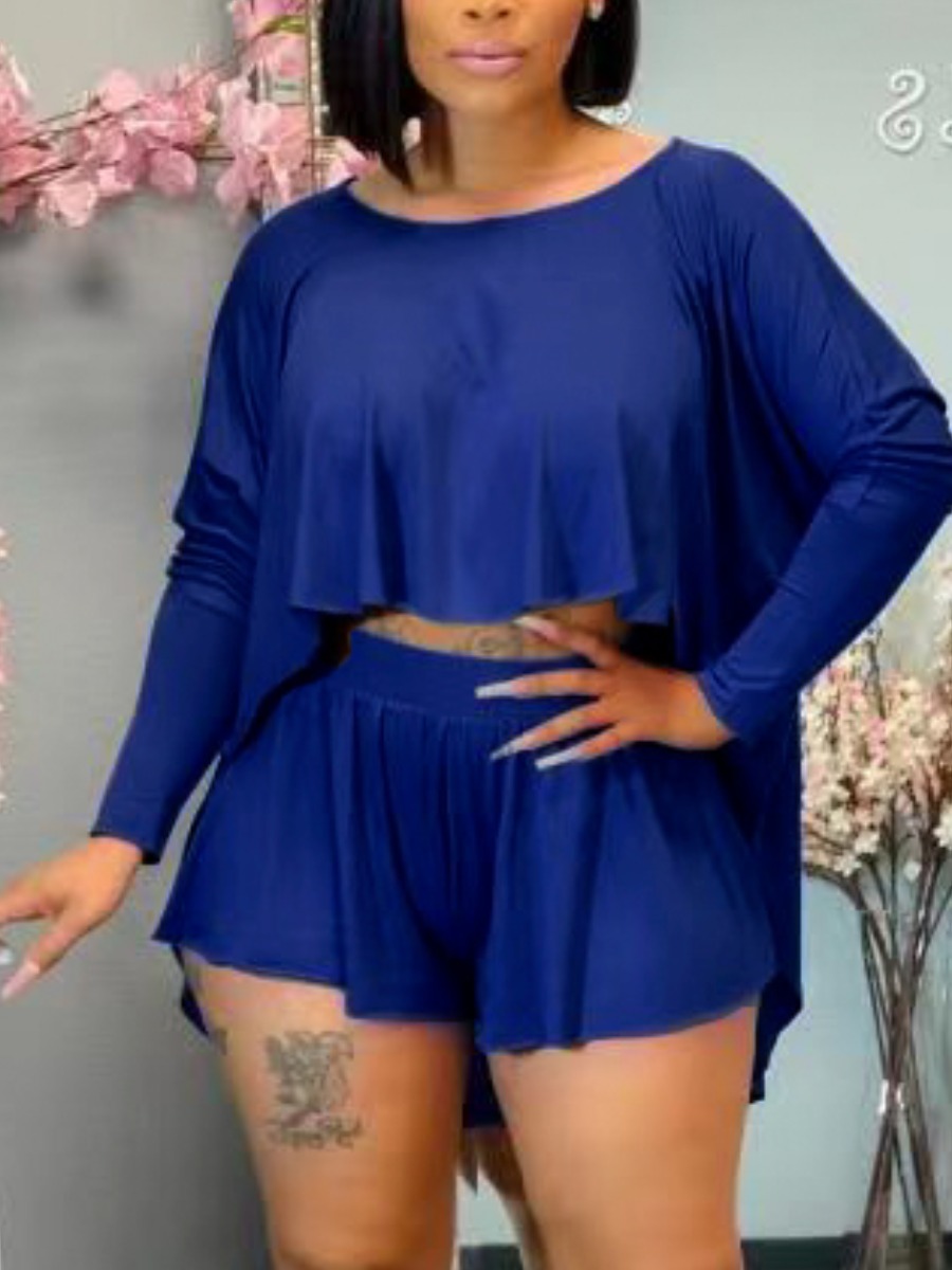 

Lovely Casual O Neck Basic Loose Blue Two Piece Shorts Set