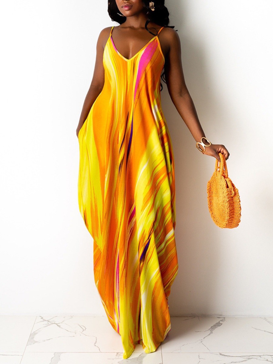 

LW Boho Print Pocket Design Yellow Floor Length Dress