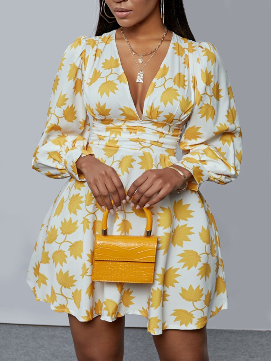 LW Sweet V Neck Floral Print Yellow Mini A Line Dress