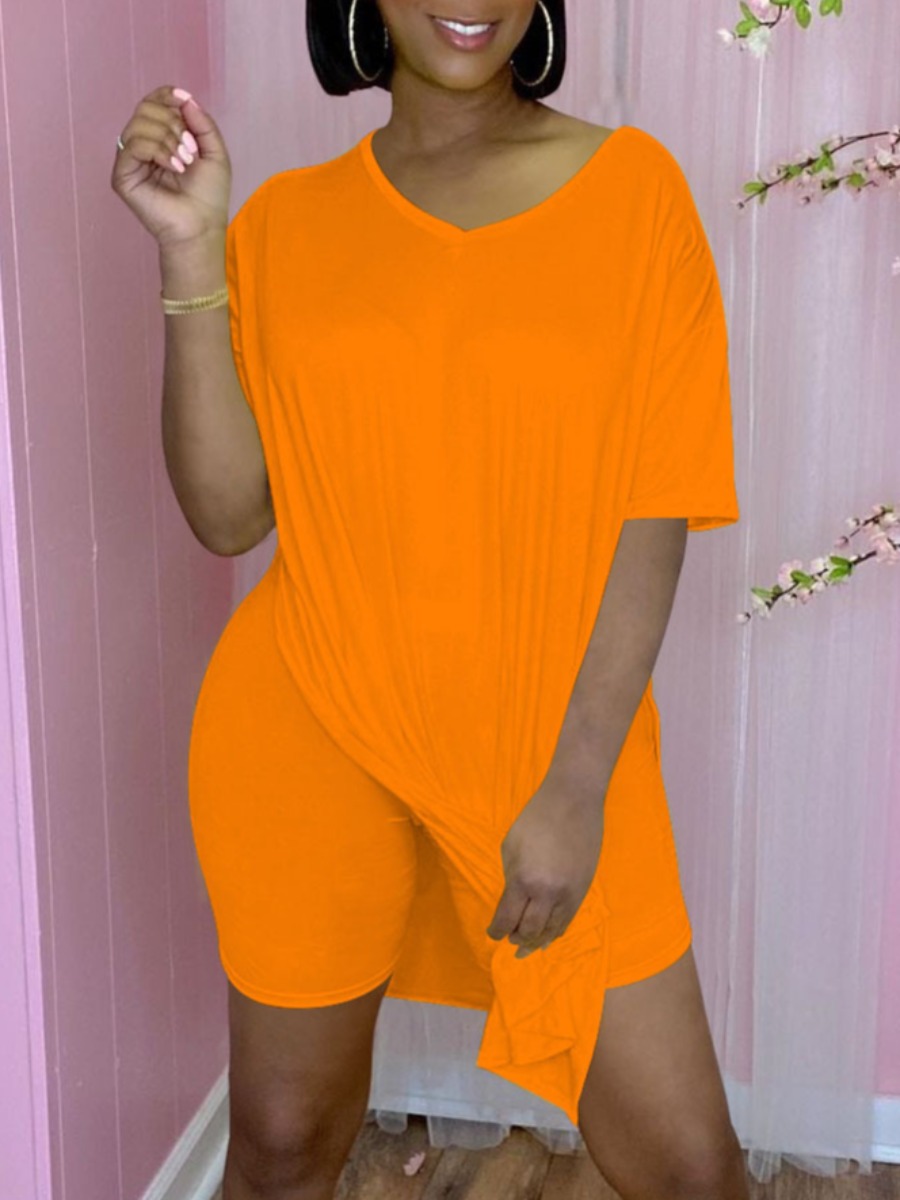 

Lovely Casual V Neck Split Orange Two Piece Shorts Set