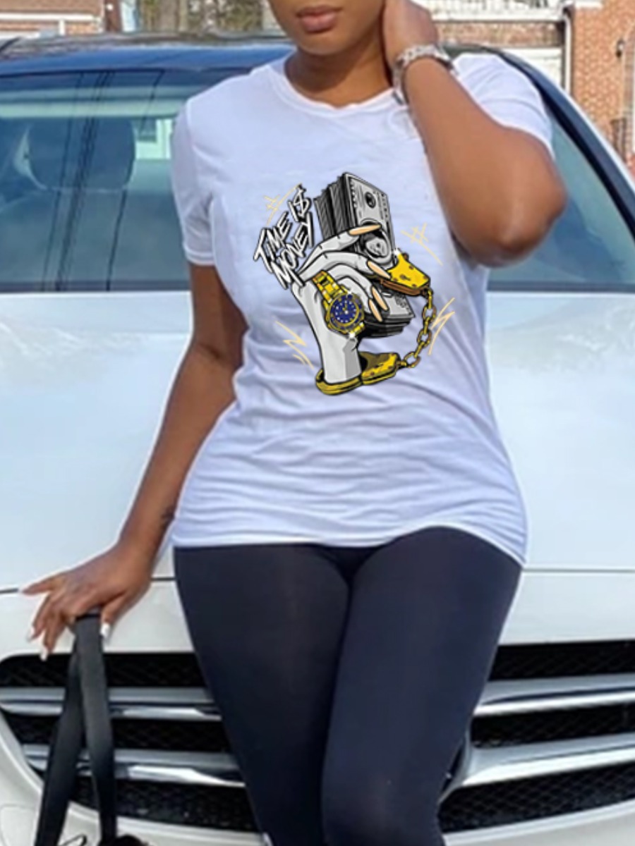 

Lovely Casual O Neck Chain Print White T-shirt