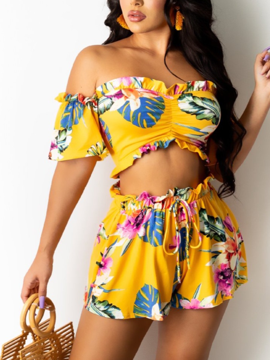 

Lovely Boho Off The Shoulder Floral Print Yellow Two Piece Shorts Set