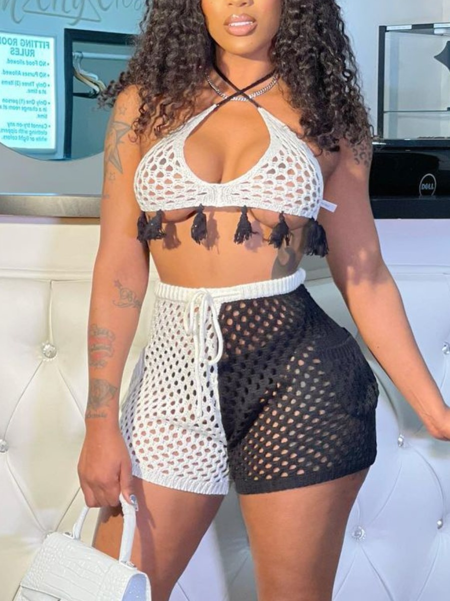 

Lovely Boho Hollow-out Tassel Design Black Two-piece Swimsuit