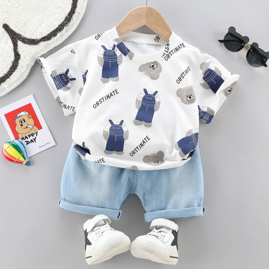 

Lovely Boy Casual Cartoon Letter White Two Piece Shorts Set