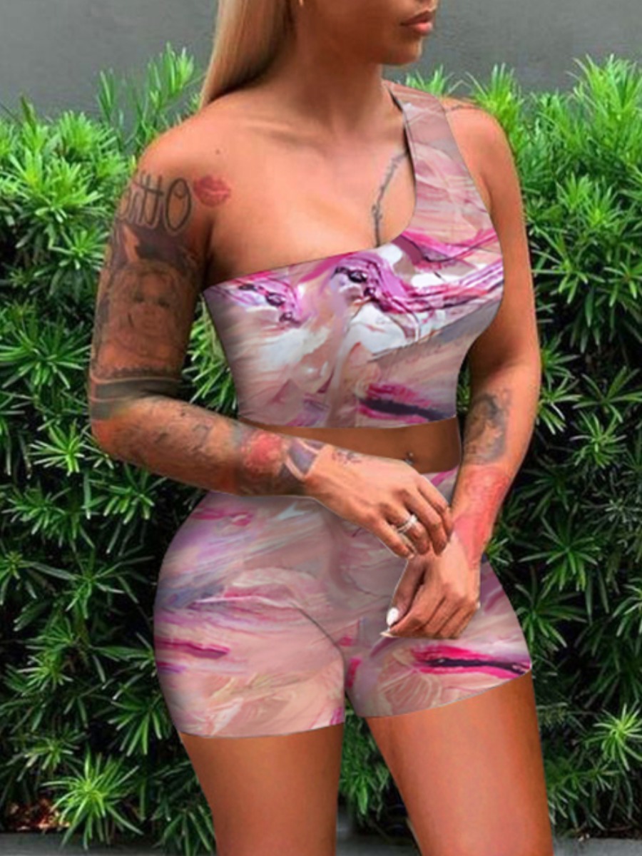 

Lovely Casual One Shoulder Tie Dye Dusty Pink Two Piece Shorts Set