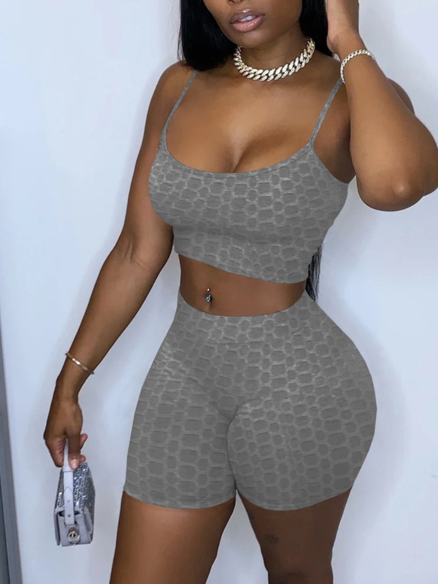 

Lovely Sporty U Neck Basic Skinny Grey Two Piece Shorts Set