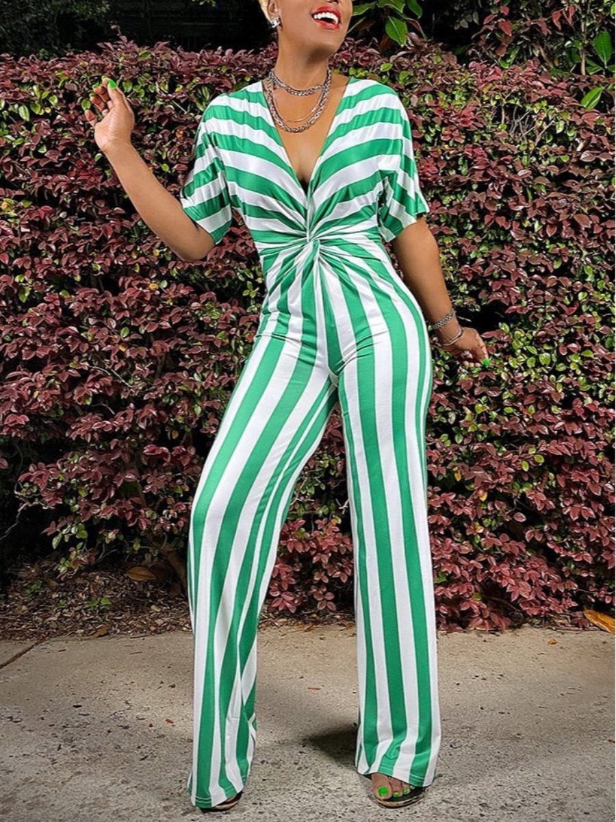 

Lovely Casual Striped Front Twist Green One-piece Jumpsuit