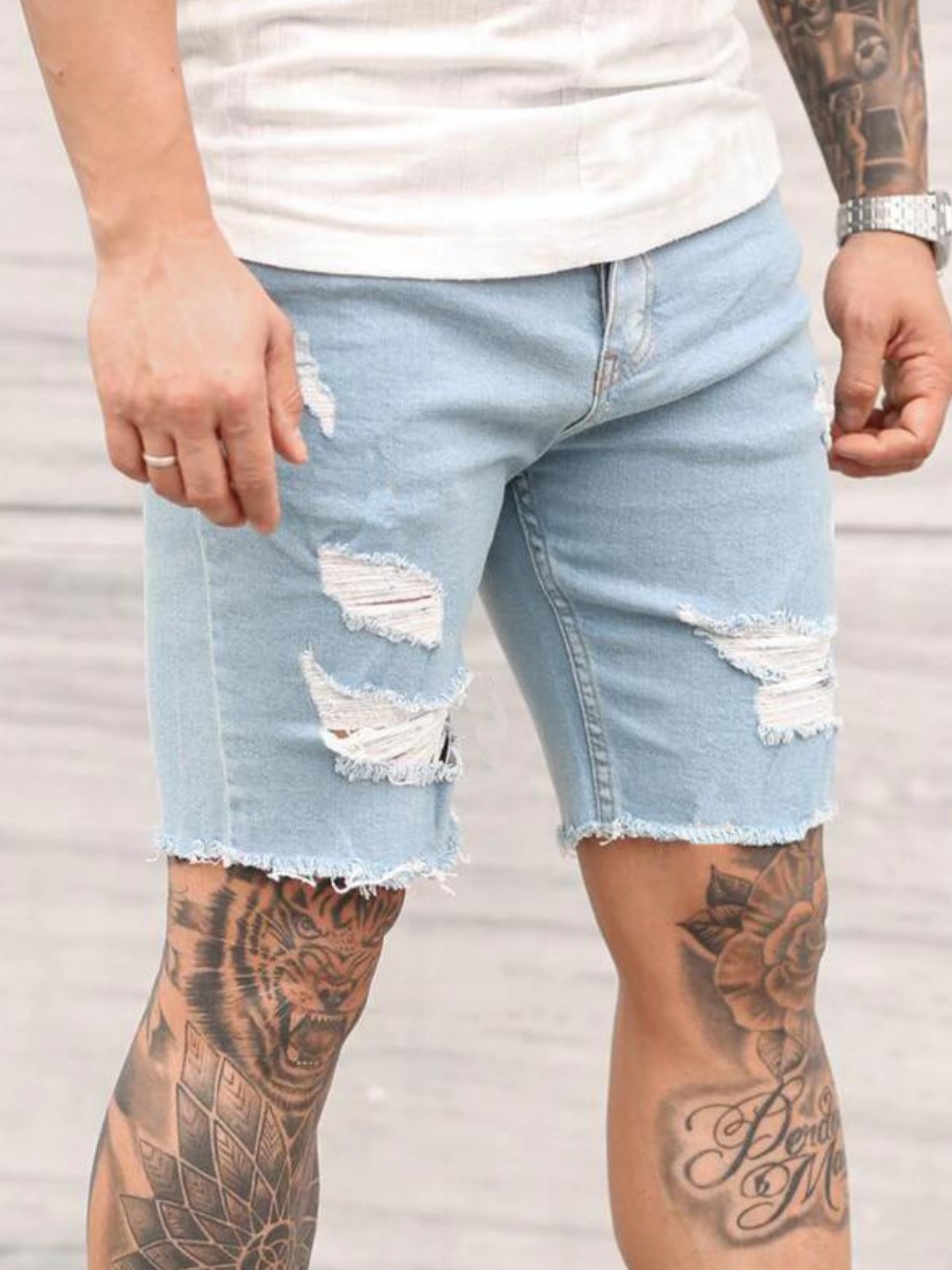 

Lovely Men Casual Ripped Raw Edge Baby Blue Denim Shorts