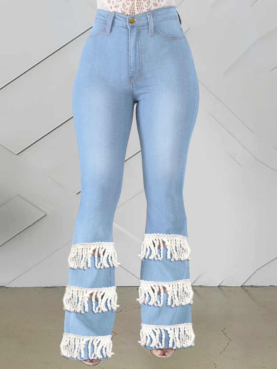 

Lovely Casual High-waisted Tassel Design Baby Blue Jeans