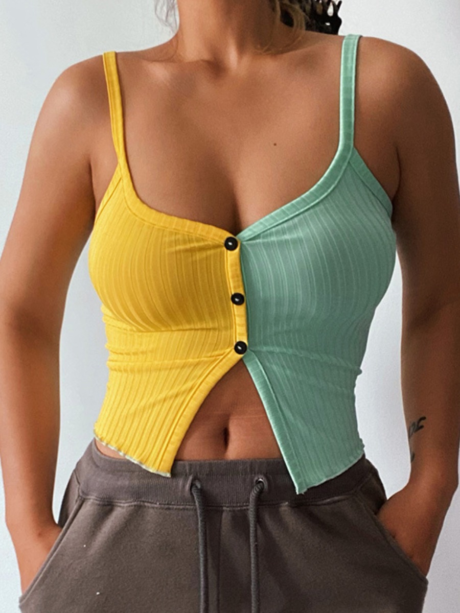 

Lovely Street Rib-Knit Button Design Yellow Camisole