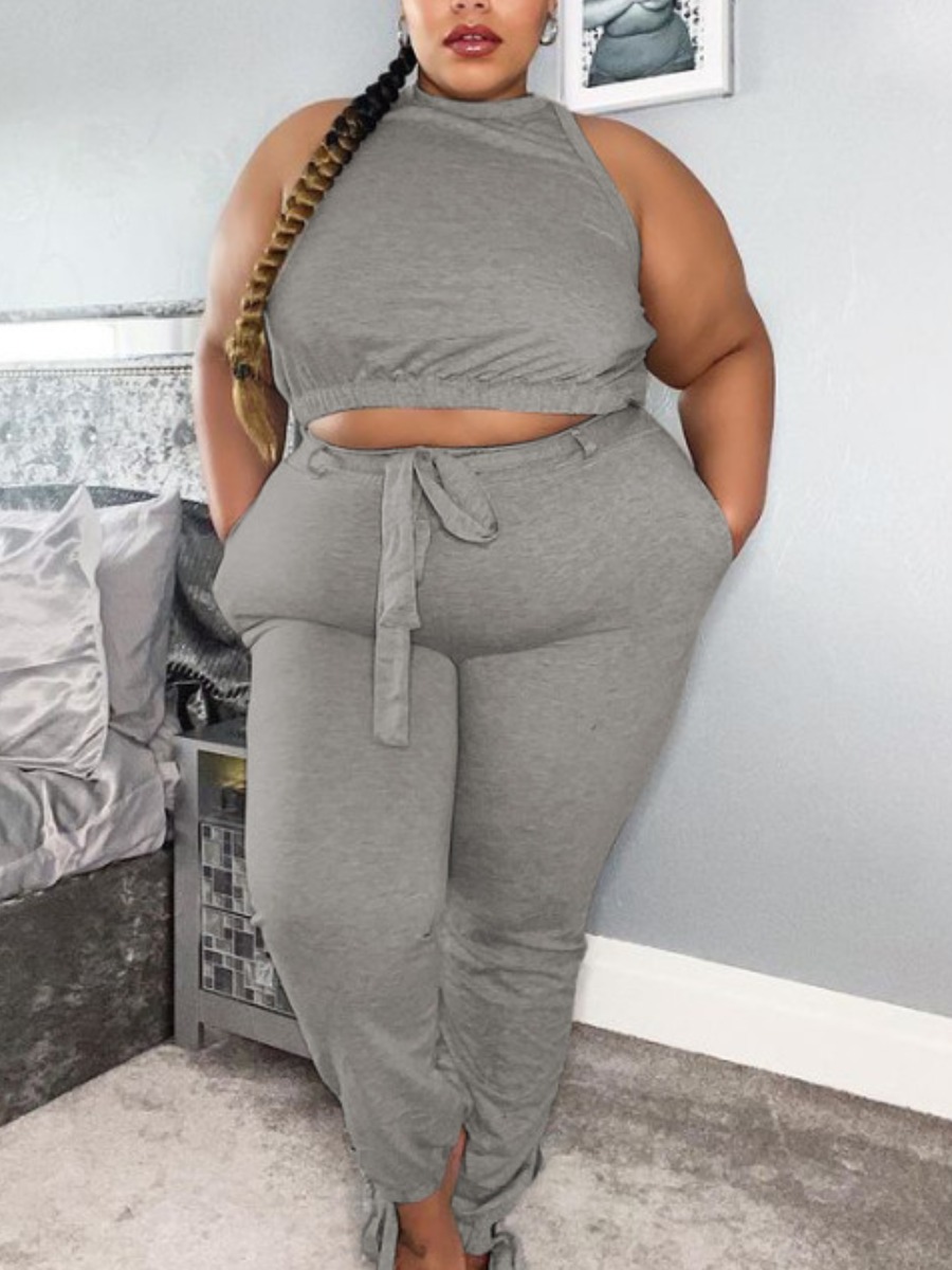 

Lovely Plus Size Casual O Neck Bandage Design Grey Two-piece Pants Set