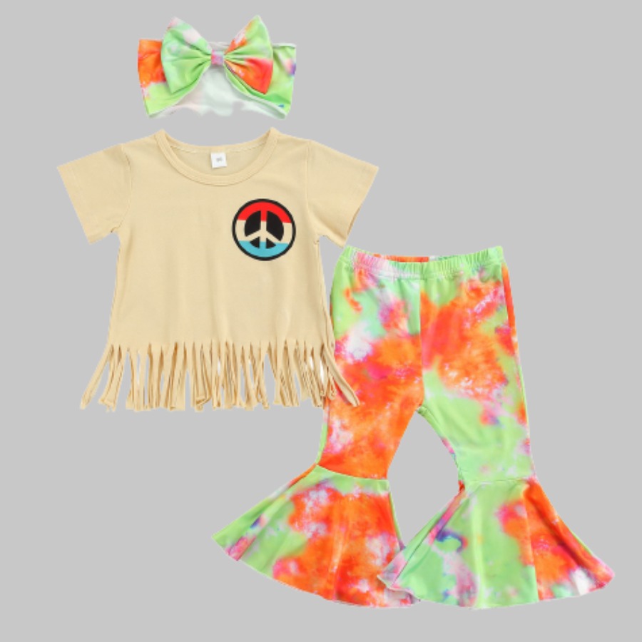 

Lovely Girl Sweet Tie-dye Flared Tassel Design Multicolor Two Piece Pants Set, Multi