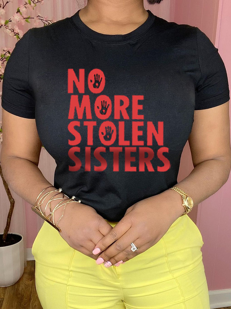 

Lovely Plus Size Casual Round Neck Letter Print Black T-shirt