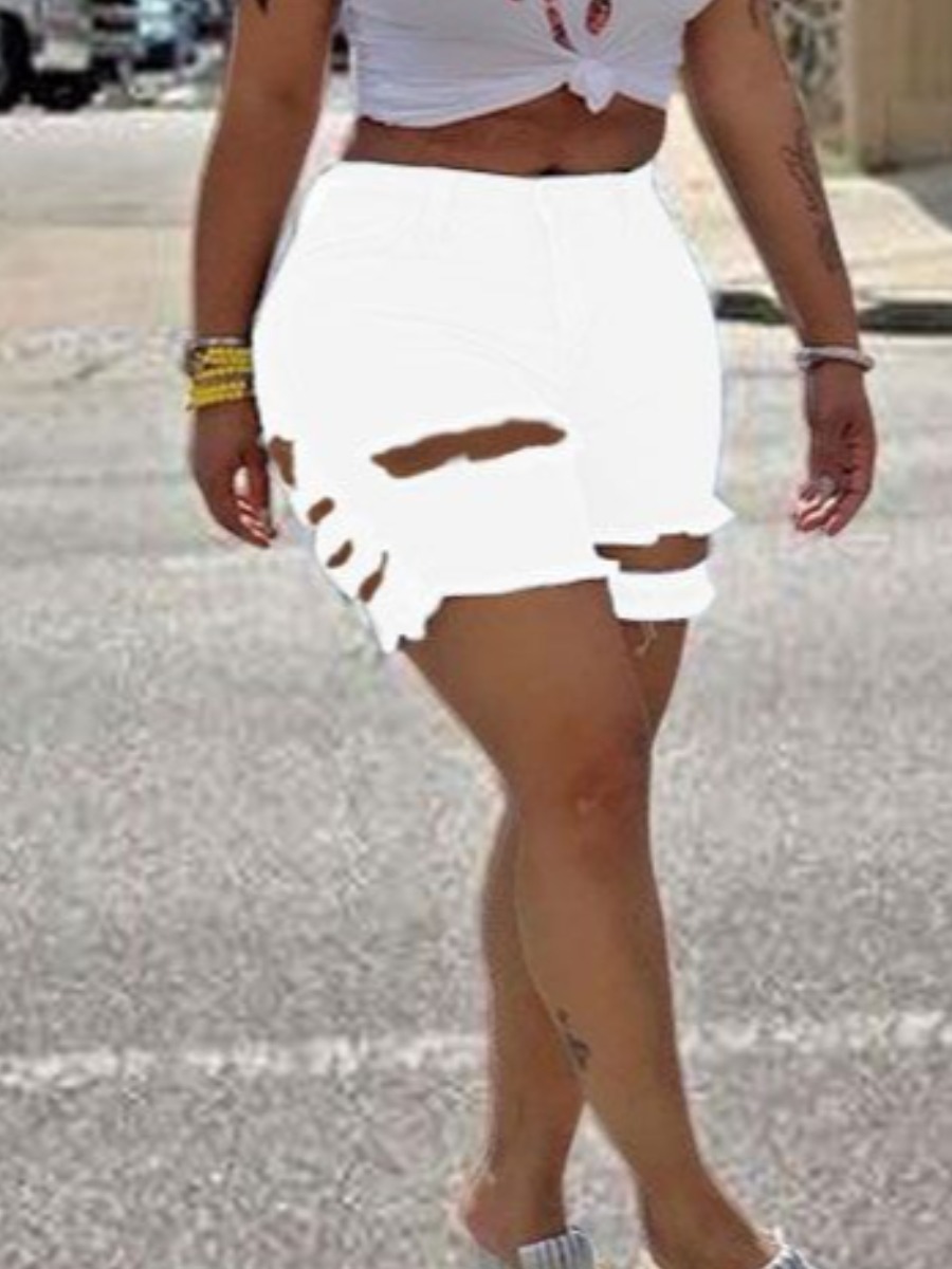 

LW Casual Mid Waist Ripped Pure White Shorts