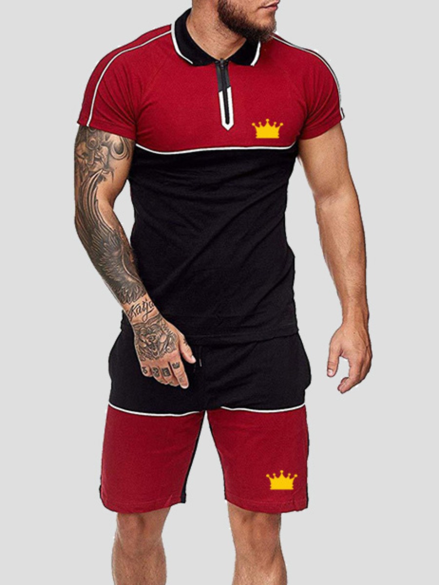 

Lovely Men Casual Crown Print Patchwork Red Two Piece Shorts Set