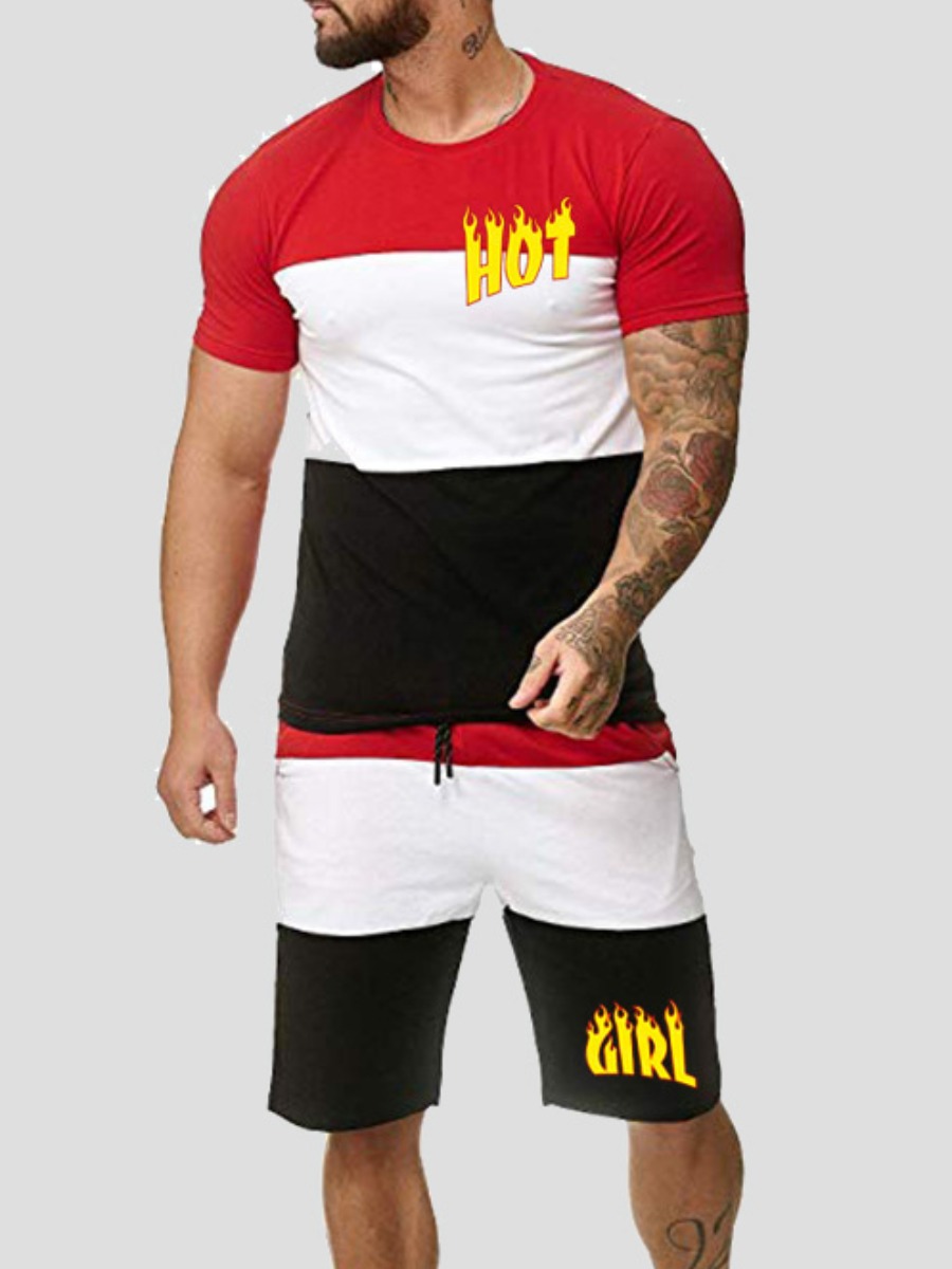 

Lovely Men Casual Letter Print Patchwork Red Two Piece Shorts Set