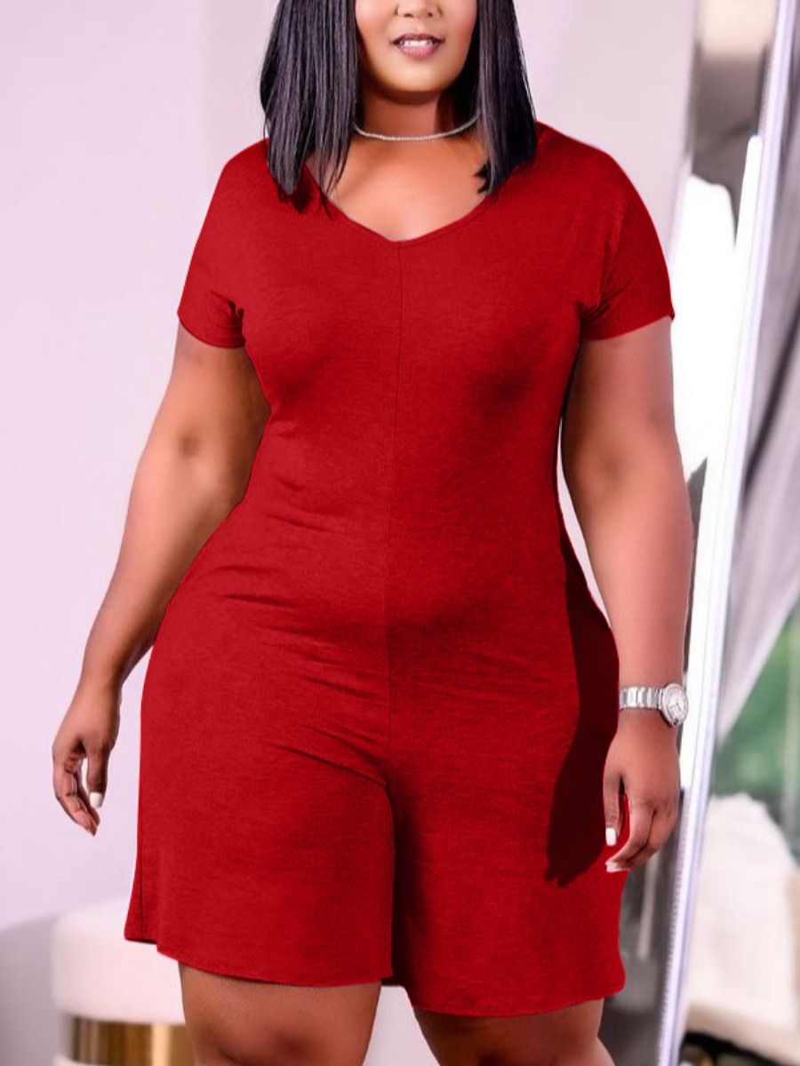 

LW Casual V Neck Elastic Red One-piece Romper