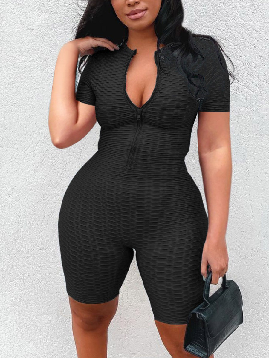 

Lovely Plus Size Sporty Zipper Design Basic Skinny Black One-piece Romper