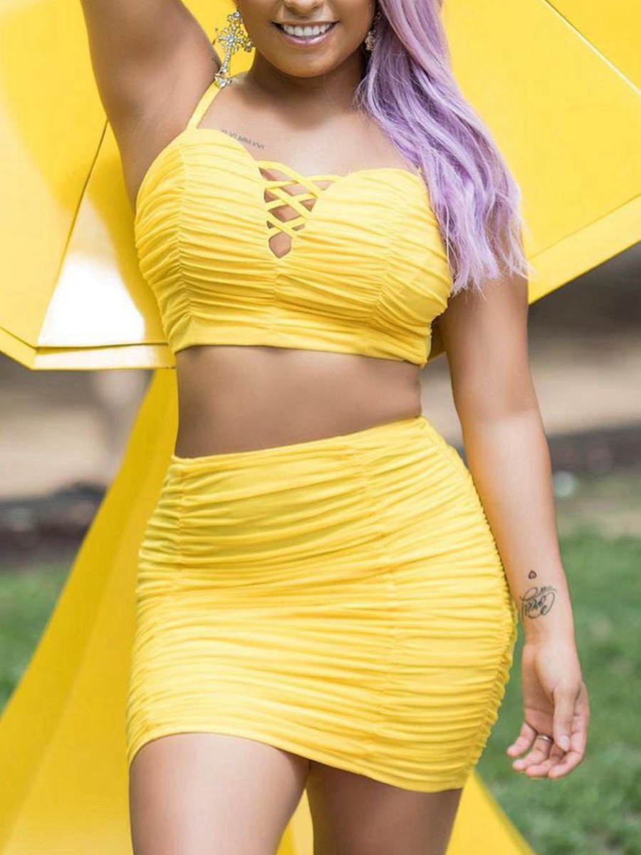 

LW Sexy Hollow-out Ruched Design Yellow Two Piece Skirt Set