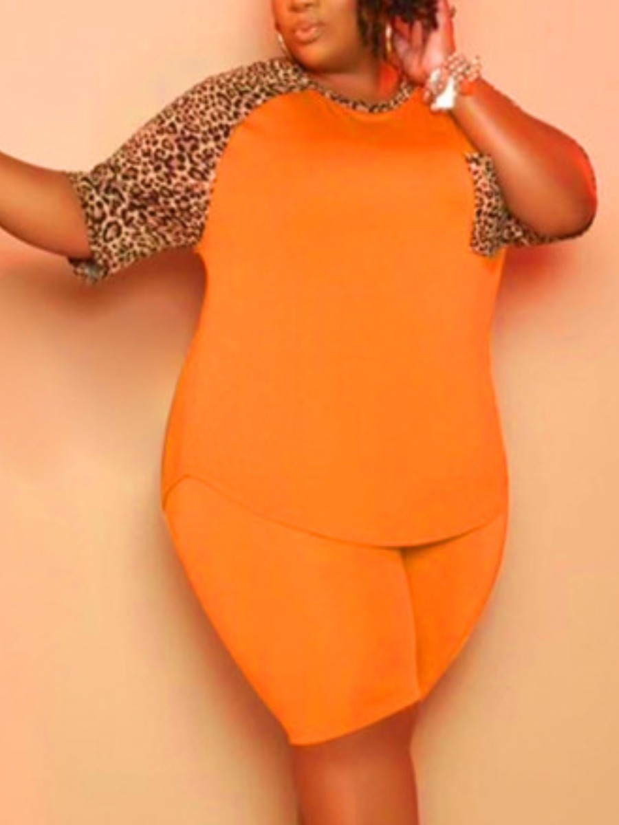 

Lovely Plus Size Casual O Neck Leopard Print Croci Two-piece Shorts Set