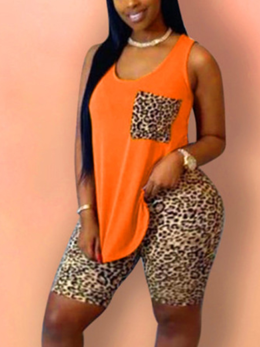 

Lovely Plus Size Casual O Neck Leopard Print Croci Two-piece Shorts Set