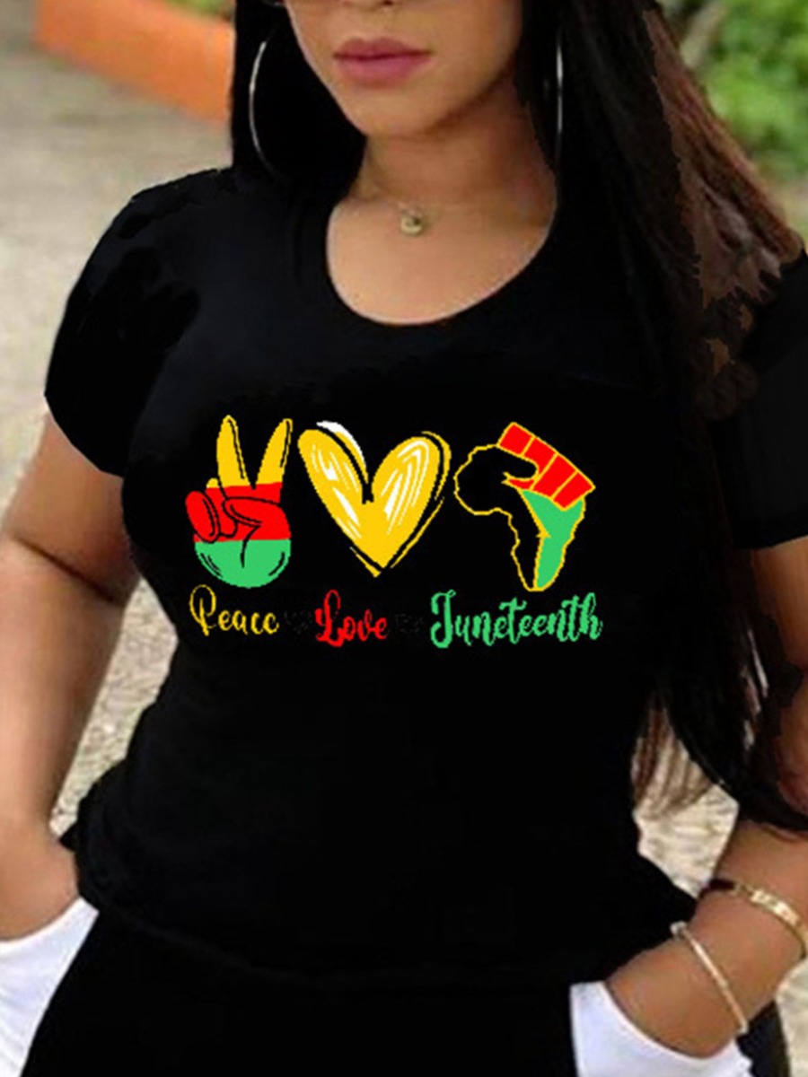 

Lovely Plus Size Heart-shaped Letter Print Black T-shirt