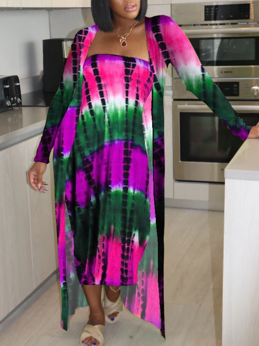 

Lovely Plus Size Street Tie-dye Patchwork Rose Red Two-piece Dress Set